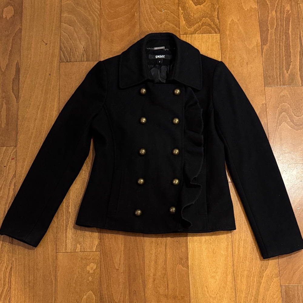 DKNY‎ Women's Black Pea Coat with Gold Buttons and Ruffle